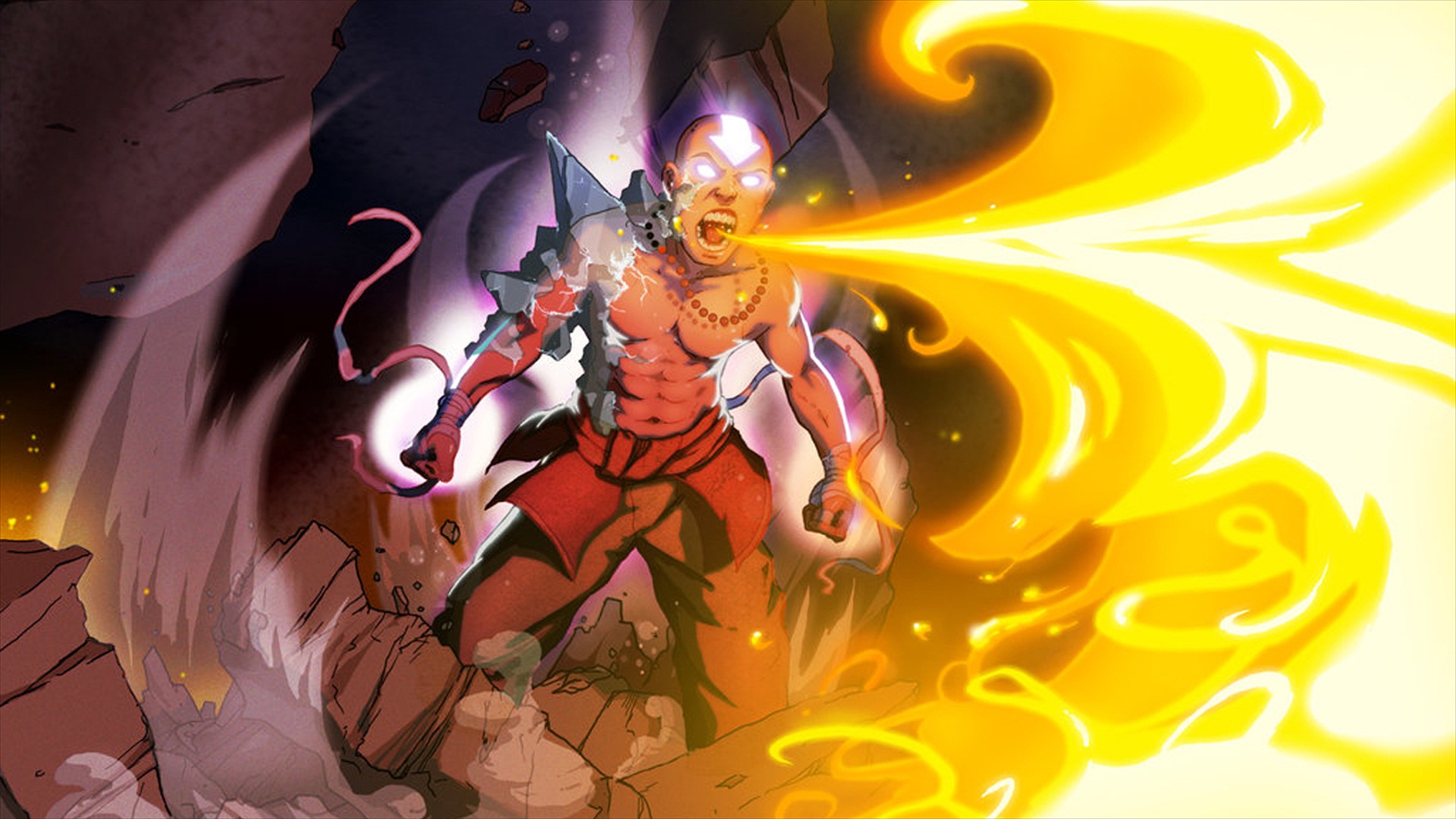 Avatar Aang, from the show Avatar: The Last Airbender, showcases glowing eyes, a fiery background, and his distinctive necklace.