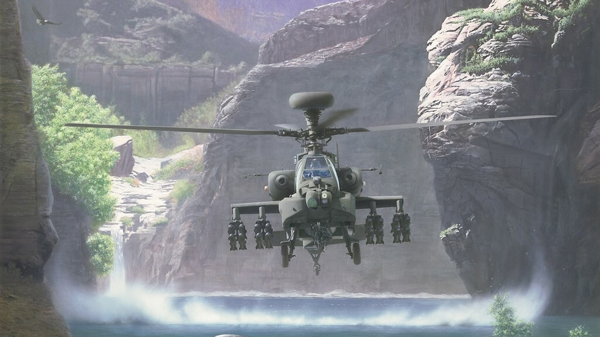 Boeing AH-64 Apache military helicopter flying across a scenic background.