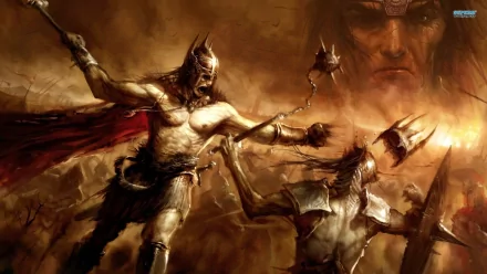 HD PC desktop wallpaper from the video game Age of Conan: savage barbarian warriors clash with spiked flails beneath a looming warlord's face in sepia battle tones.