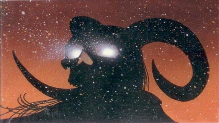 Dark HD PC desktop wallpaper/background of a silhouetted ram‑horned skull with glowing eyes against a star-speckled orange‑black sky.