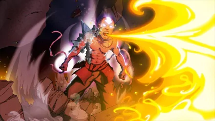 HD desktop wallpaper featuring Aang from Avatar: The Last Airbender with glowing eyes, a necklace, and surrounded by fire, showcasing intense energy and power.