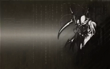 Dark HD desktop wallpaper featuring the grim reaper holding a scythe, with a sinister background illuminated by faint binary code.