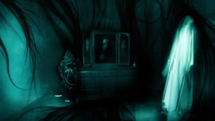 HD desktop wallpaper featuring a dark, ghostly figure in an eerie room with a mirror and dresser. The atmosphere is shadowy and mysterious.