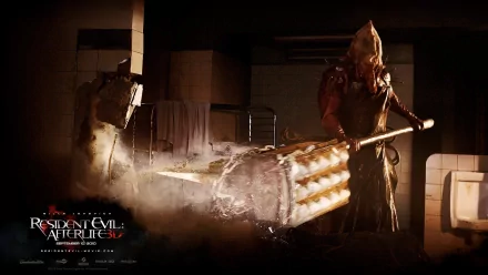 Executioner Majini from Resident Evil: Afterlife stands menacingly in a dimly lit room, featured in an HD PC desktop wallpaper background.