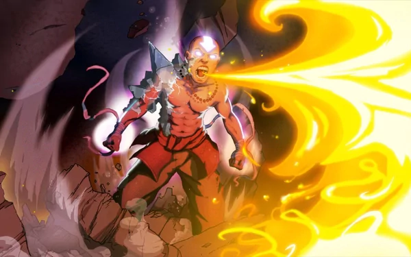HD desktop wallpaper featuring Aang from Avatar: The Last Airbender with glowing eyes, a necklace, and surrounded by fire, showcasing intense energy and power.