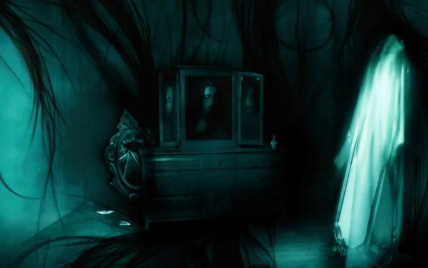 HD desktop wallpaper featuring a dark, ghostly figure in an eerie room with a mirror and dresser. The atmosphere is shadowy and mysterious.