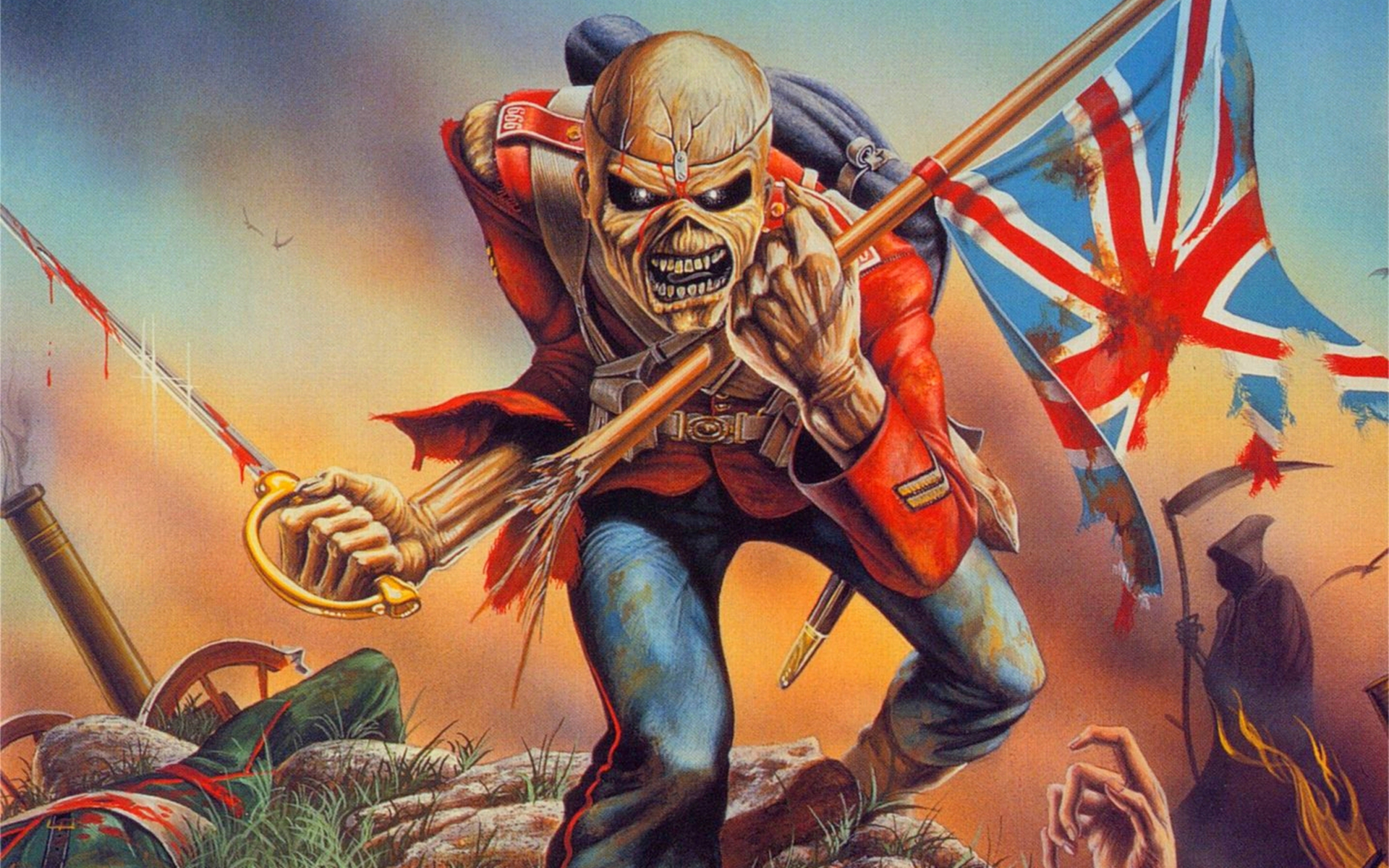 The Trooper - Iron Maiden desktop wallpaper featuring a musical theme.