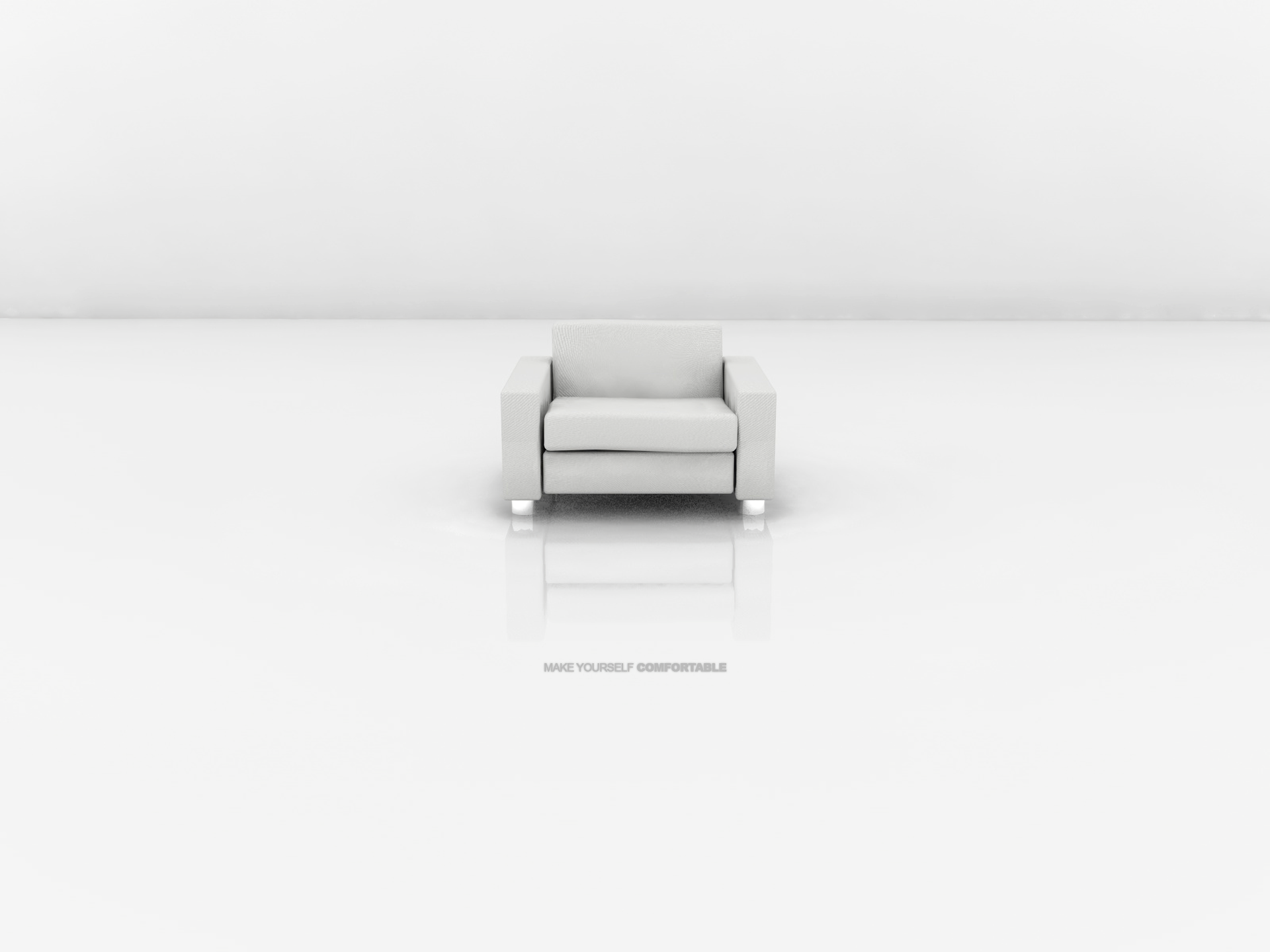 Artistic digital art HD PC desktop wallpaper: a solitary white chair centered on a glossy white floor with soft reflections against a minimalist white background.