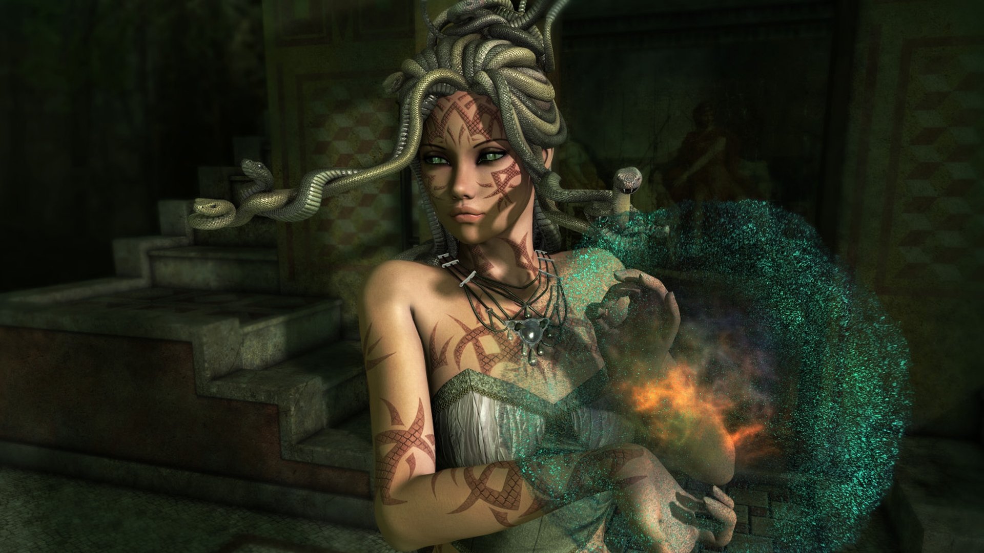 Fantasy-themed HD desktop wallpaper featuring Medusa with snake hair casting a glowing, mystical spell in a dark, ancient stone chamber.