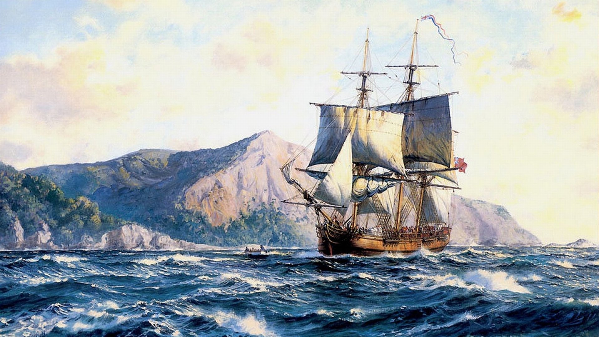 HD PC desktop wallpaper featuring a classic sailing ship navigating choppy waters with mountains in the background under a partly cloudy sky.