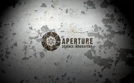 HD wallpaper featuring the Aperture Science Innovators logo from the video game Portal 2, set against a textured, worn wall background.