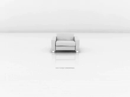 Artistic digital art HD PC desktop wallpaper: a solitary white chair centered on a glossy white floor with soft reflections against a minimalist white background.
