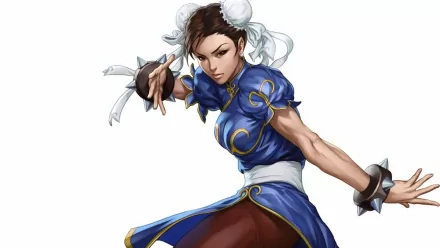 HD PC desktop wallpaper featuring Chun-Li, a character from the Street Fighter video game series, in her signature blue outfit striking a dynamic pose.