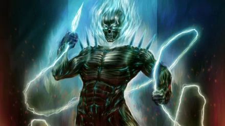 HD desktop wallpaper featuring a dark, menacing monster with a skeletal face, glowing eyes, and flames emanating from its head, holding electric ropes and a sharp weapon, surrounded by an eerie atmosphere.