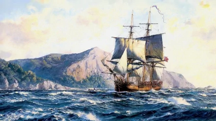 HD PC desktop wallpaper featuring a classic sailing ship navigating choppy waters with mountains in the background under a partly cloudy sky.