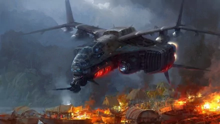 HD Sci-Fi desktop wallpaper depicting a futuristic spaceship hovering over a burning village amidst smoky, dark skies.