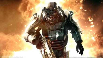 A powerful character from Fallout 3 stands boldly against a fiery background, showcasing the game's iconic post-apocalyptic aesthetic in this HD desktop wallpaper.