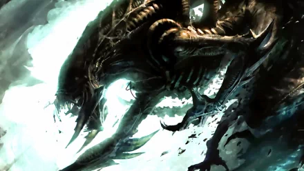 Dark, menacing alien creature rendered in high detail, creating a striking HD PC desktop wallpaper with an eerie, otherworldly atmosphere.