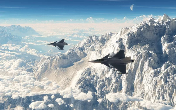 Two Saab JAS 39 Gripen military jets flying over snow-covered mountains under a clear blue sky in this HD PC desktop wallpaper and background.