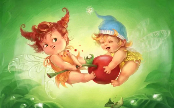 Two whimsical fairies, one with horns and the other with a blue hat, are playfully tugging at a giant cherry against a vibrant green background. The image exudes a humorous and fantasy vibe.