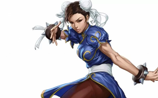 HD PC desktop wallpaper featuring Chun-Li, a character from the Street Fighter video game series, in her signature blue outfit striking a dynamic pose.