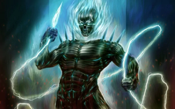 HD desktop wallpaper featuring a dark, menacing monster with a skeletal face, glowing eyes, and flames emanating from its head, holding electric ropes and a sharp weapon, surrounded by an eerie atmosphere.