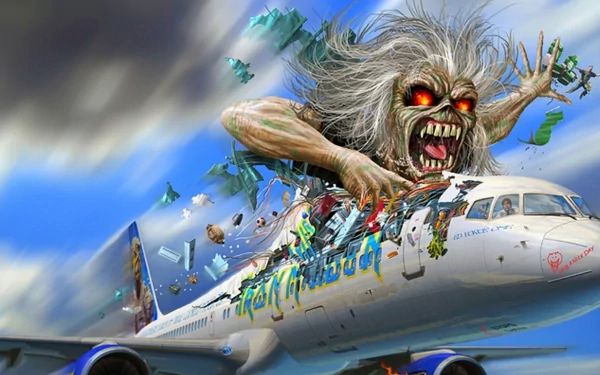HD desktop wallpaper featuring Iron Maiden's iconic character Eddie, depicted as a giant tearing through an airplane in mid-flight.