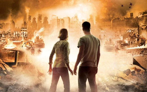HD PC desktop wallpaper from the movie The Crazies, showing two people standing amid a fiery, smoky cityscape in chaos and destruction.