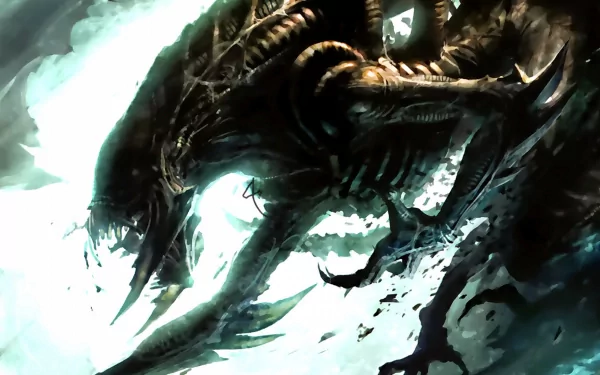 Dark, menacing alien creature rendered in high detail, creating a striking HD PC desktop wallpaper with an eerie, otherworldly atmosphere.