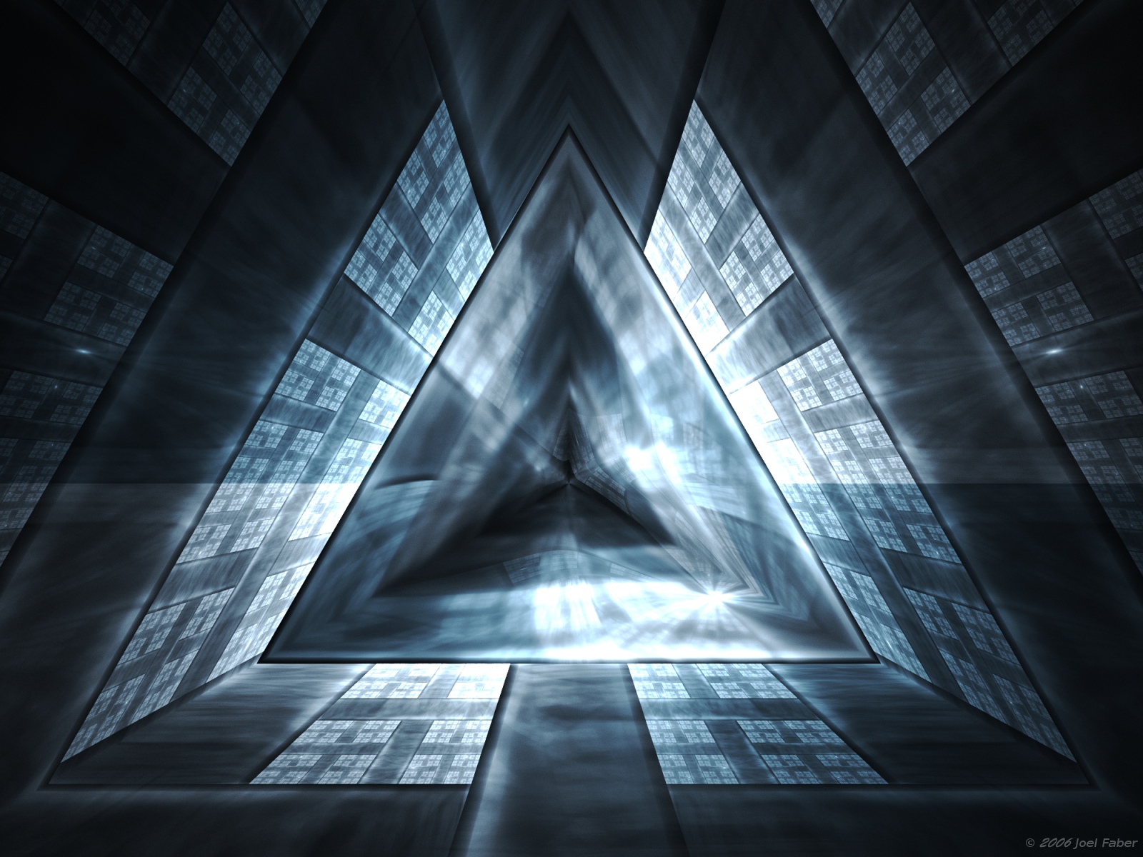 Sci-fi artistic desktop wallpaper: The Portal by Joel Faber. Features a mesmerizing triangle design.