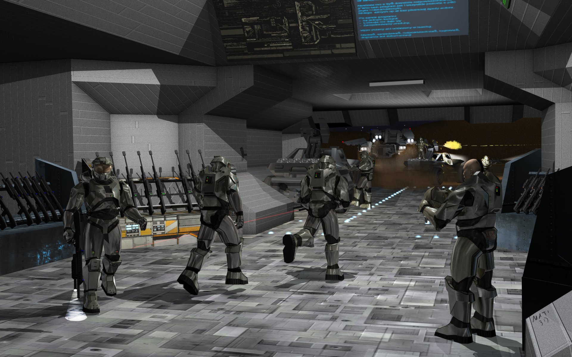 HD PC desktop wallpaper featuring characters from the Halo video game in a futuristic, industrial setting with detailed armor and equipment.