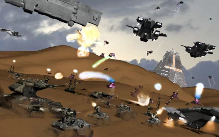HD PC desktop wallpaper showcasing an intense Halo video game battle scene with futuristic aircraft and ground forces clashing in a desert environment.