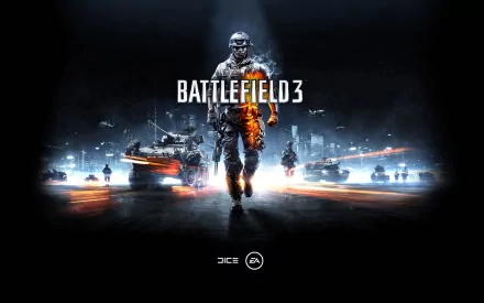 HD wallpaper featuring Battlefield 3, showcasing a soldier in action with tanks and a dramatic cityscape in the background, embodying the intensity of the game.