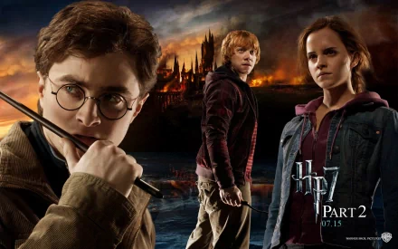 HD wallpaper and background from Harry Potter and the Deathly Hallows: Part 2 featuring Harry Potter, Ron Weasley, and Hermione Granger, with an ominous sky and Hogwarts in the background.