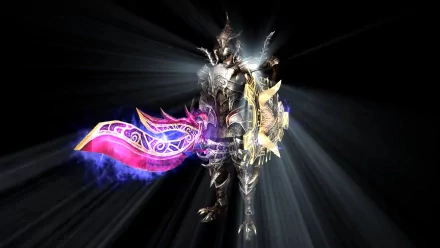 Silkroad Online video game HD PC desktop wallpaper: radiant armored warrior wielding an ornate glowing purple sword and shield, light rays bursting from a dark background.