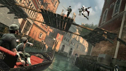Assassin's Creed II HD PC wallpaper: hooded assassin leaps between wooden walkways over a Venetian canal as guards in a gondola aim weapons below.