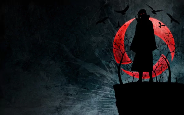 HD desktop wallpaper of Itachi Uchiha from Naruto, featuring a dark atmosphere with ravens and a red background, highlighting the character's silhouette standing on a cliff.