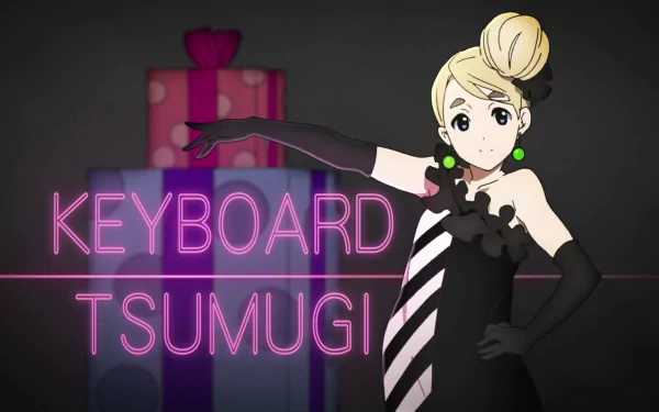 A vibrant HD wallpaper featuring Mugi from K-ON!, striking a pose with a playful expression, surrounded by colorful gift boxes and the text Keyboard Tsumugi.
