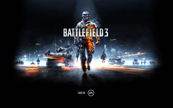 HD wallpaper featuring Battlefield 3, showcasing a soldier in action with tanks and a dramatic cityscape in the background, embodying the intensity of the game.