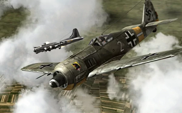 HD desktop wallpaper depicting a military aircraft in flight, showcasing a World War II-era fighter plane with distinctive markings amidst clouds and smoke.