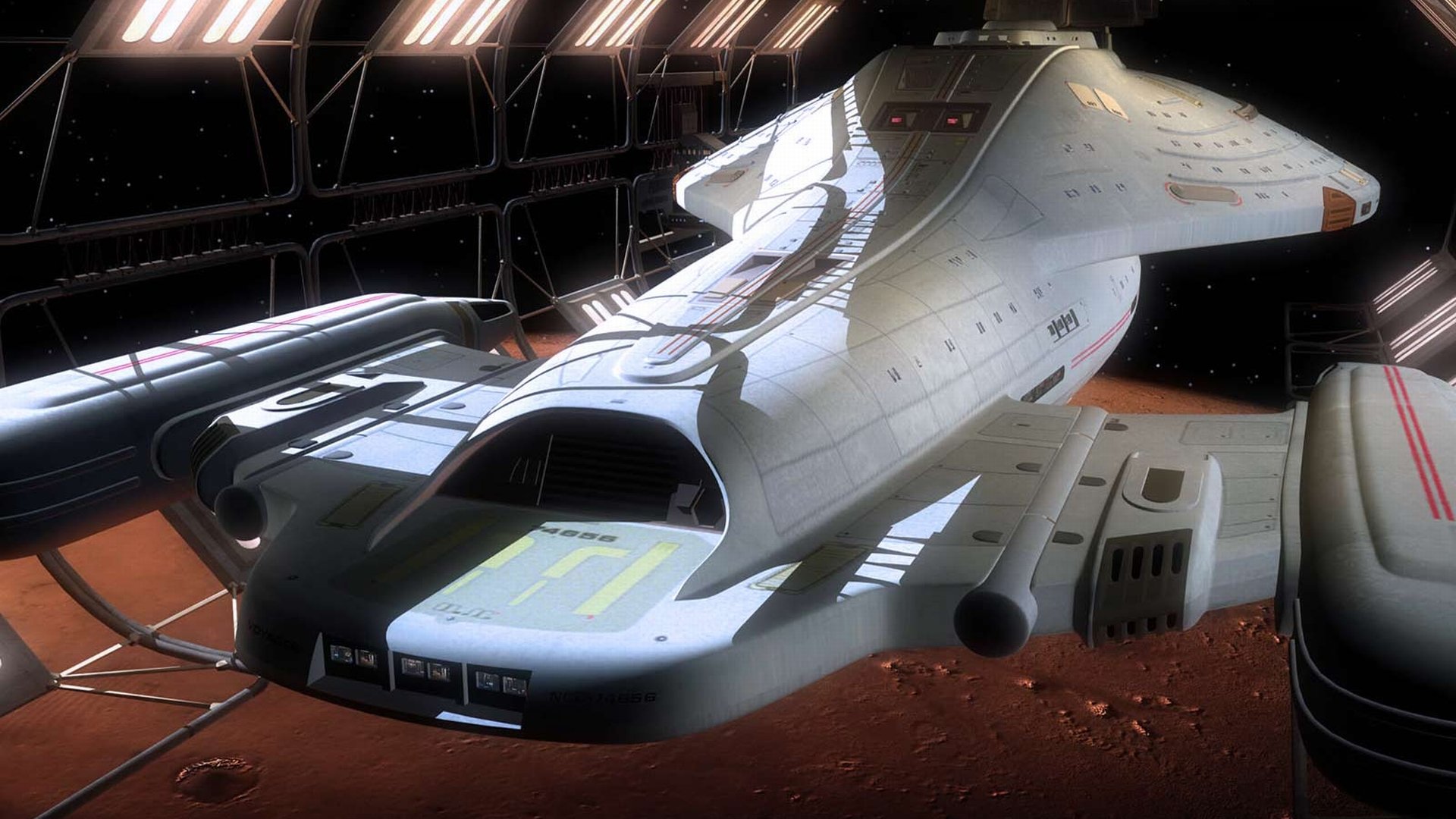 HD PC desktop wallpaper/background from TV show Star Trek: The Original Series: a sleek starship docked in a space station above a red planet.
