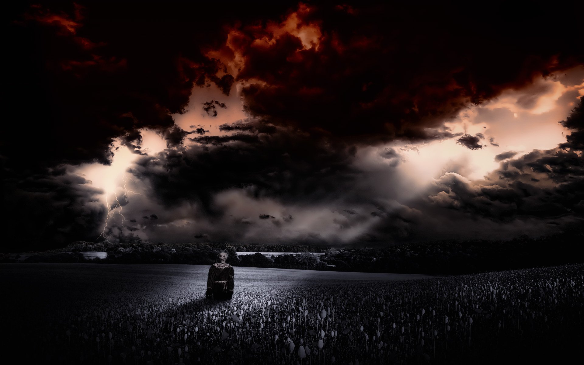 A dramatic HD desktop wallpaper showcasing a figure in a field under a stormy, dark sky with vivid red and orange clouds. The artistic composition evokes a sense of mystery and intrigue.