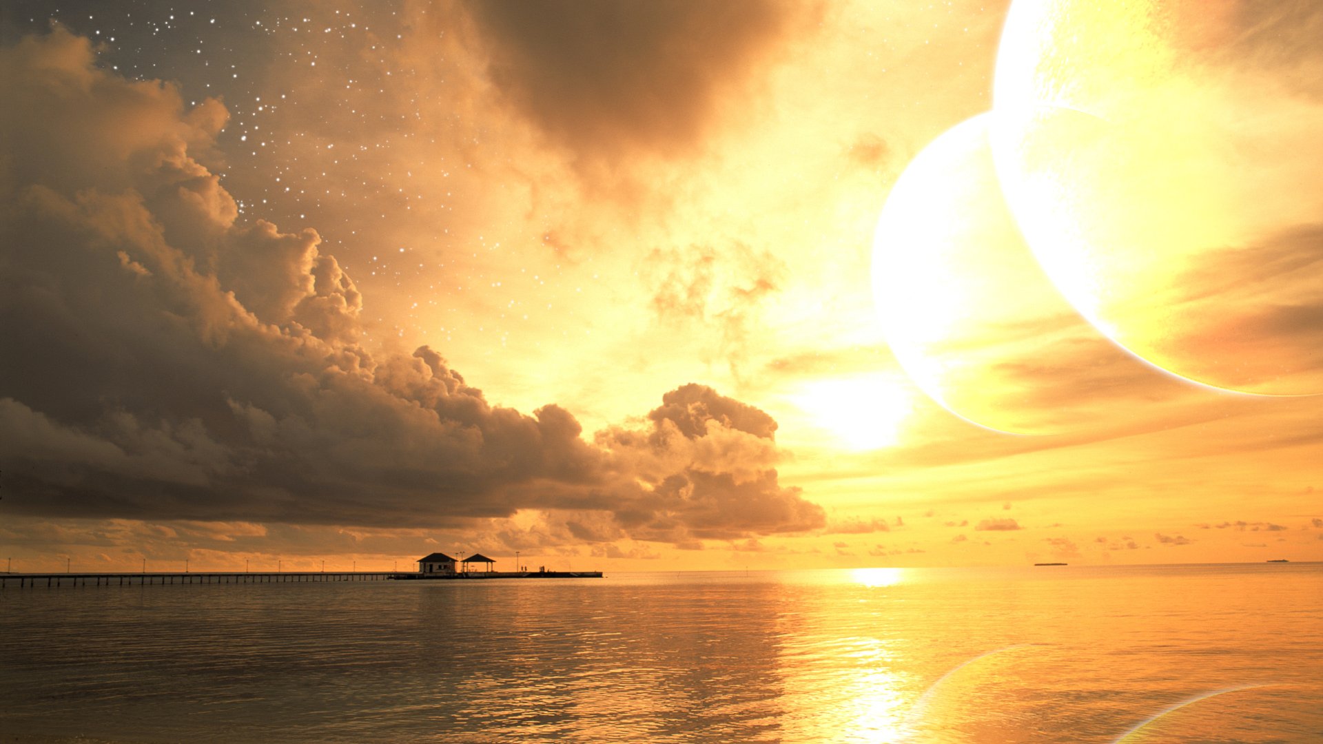 A vibrant fantasy landscape with two glowing suns setting over calm waters, featuring dramatic clouds and distant structures, rendered as an HD PC desktop wallpaper.