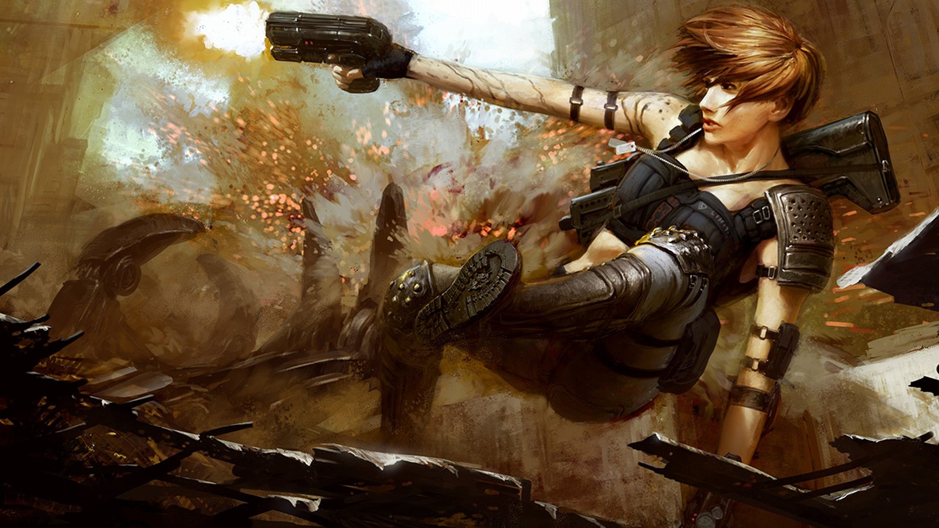 HD desktop wallpaper of a fantasy women warrior in battle, showcasing her in dynamic armor, wielding a weapon with explosions in the background.