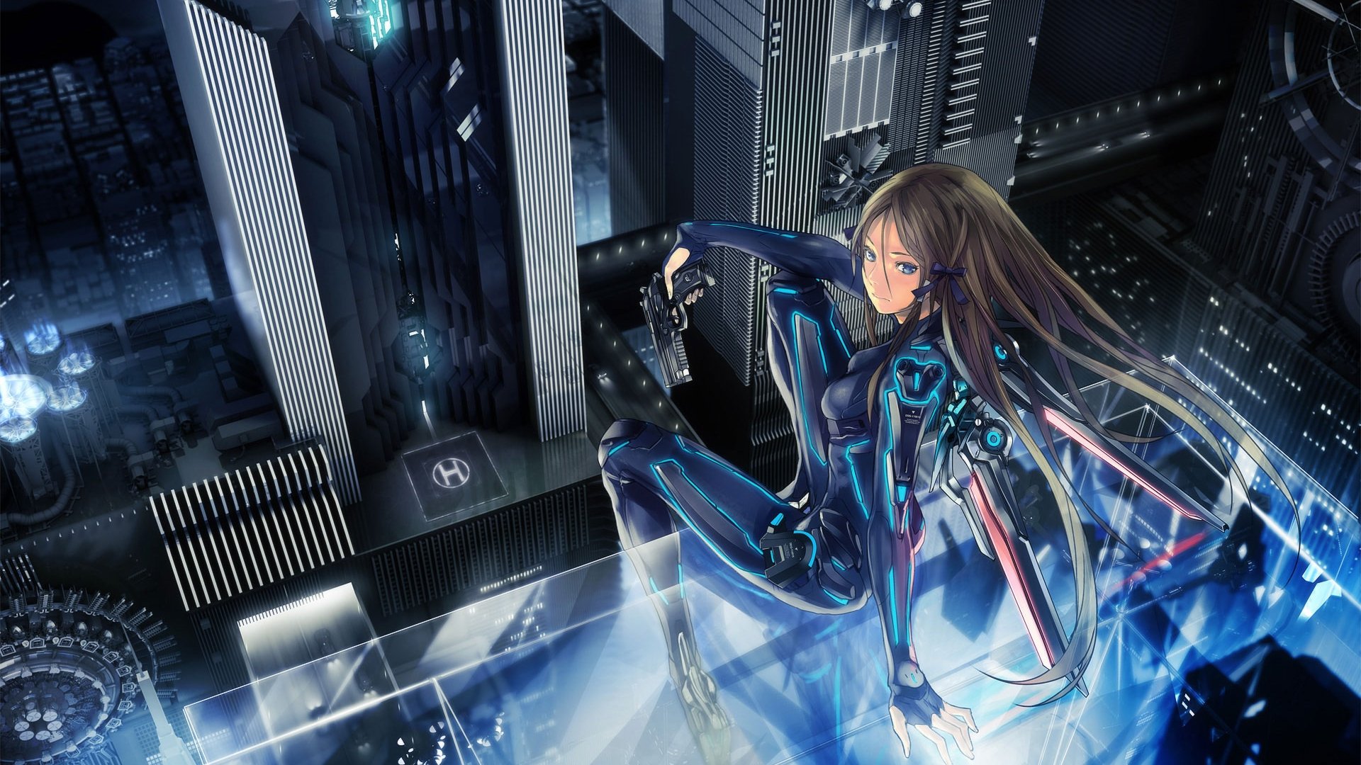A futuristic sci-fi wallpaper featuring a woman in a sleek, high-tech suit, poised atop a skyscraper with a sprawling cityscape illuminated by neon lights in the background.