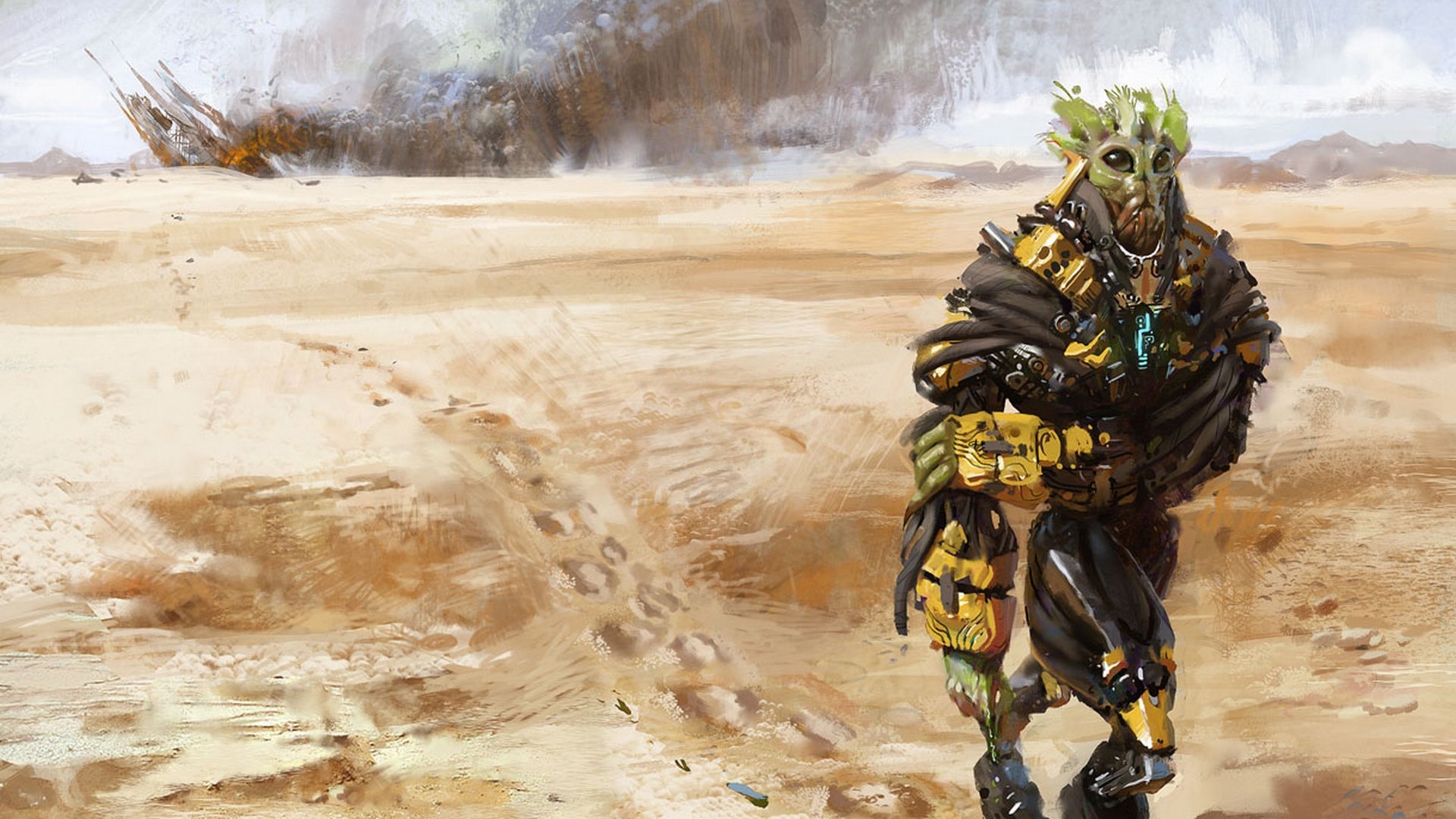 Sci-fi alien in rugged armor strides across a desolate desert landscape beneath a looming storm — HD PC desktop wallpaper/background.