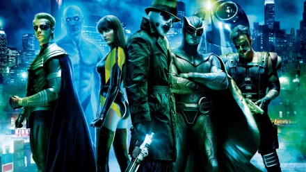 A dynamic HD desktop wallpaper featuring characters from the movie Watchmen, showcasing a group of iconic heroes against a vibrant cityscape backdrop.