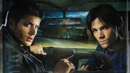 HD desktop wallpaper featuring characters from the TV show Supernatural. The image shows two men in a car, with a stormy night outside. The view is from the backseat, focusing on the intense expressions.