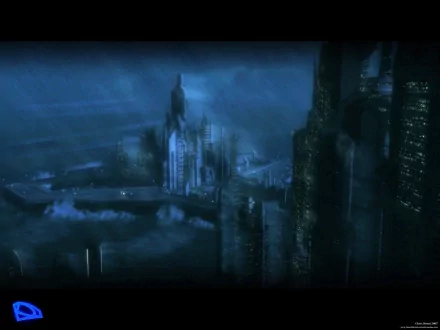 HD PC desktop wallpaper depicting a dark, futuristic sci-fi cityscape inspired by Stargate Atlantis, featuring towering buildings under a misty blue night sky.