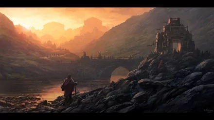 A captivating HD fantasy landscape wallpaper featuring a lone figure by a river, a bridge, and a mystical building nestled in a mountainous terrain bathed in the warm glow of sunset.